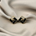 Luxury Geometric Black Enamel Micro Paved Zircon Gold Tone Creative Stud Earrings view 3