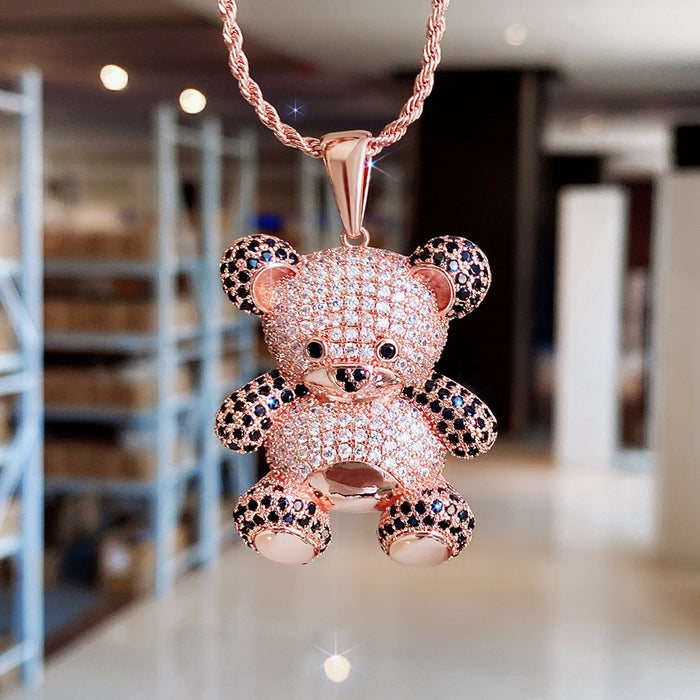 Rose Gold Two Tone Zircon Cartoon Bear Pendant Hip Hop Snake Chain Necklace For Men And Women