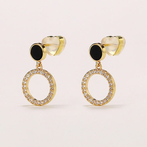 Korean Minimalist Black Round Disc Geometric Hollow Circle Stud Earrings With Micro Pave Zircon
