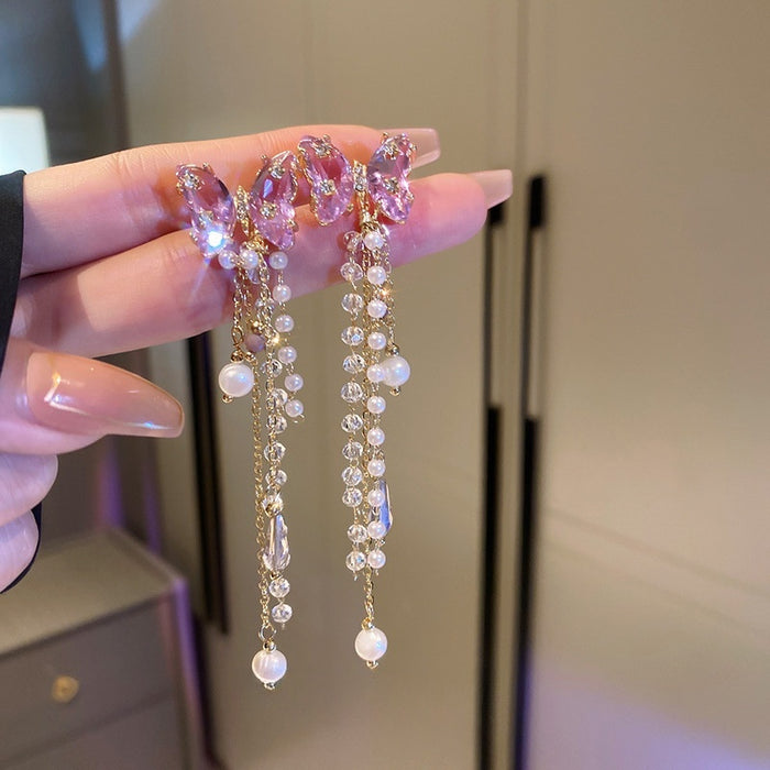Light Luxury Copper Butterfly Drop Earrings With Faux Pearl Crystal Tassels And Silver Pins