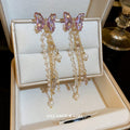 Light Luxury Copper Butterfly Drop Earrings With Faux Pearl Crystal Tassels And Silver Pins view 3
