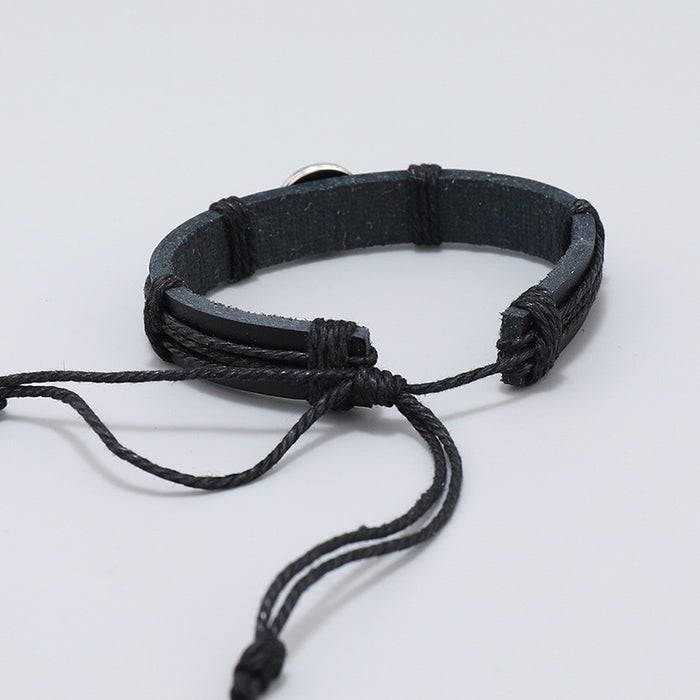Handmade Braided Black Leather Bracelet Alloy Baseball Fan Wristband Jewelry