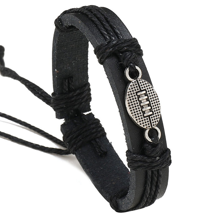 2022 New Men's Handmade Black Braided Leather Bracelet With Alloy Football Fan Charm Bangle