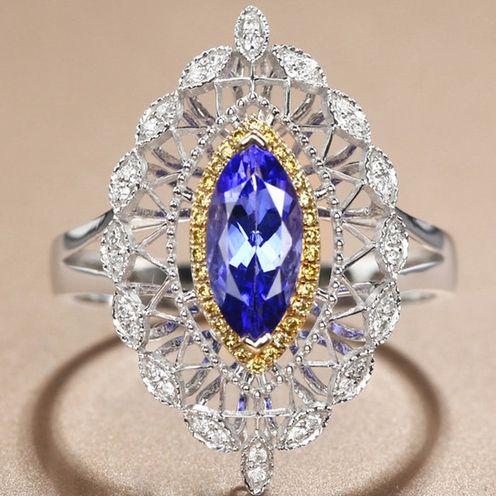 Luxury Marquise Simulated Tanzanite Ring For Women, Hollow Two Tone Palace Style Gemstone Ring