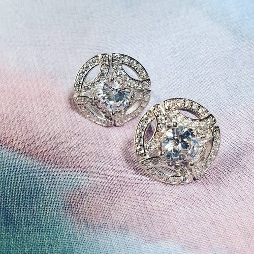 Korean Delicate Small Stud Earrings With Sparkling Hollow Zircon Geometric Full Pave Design