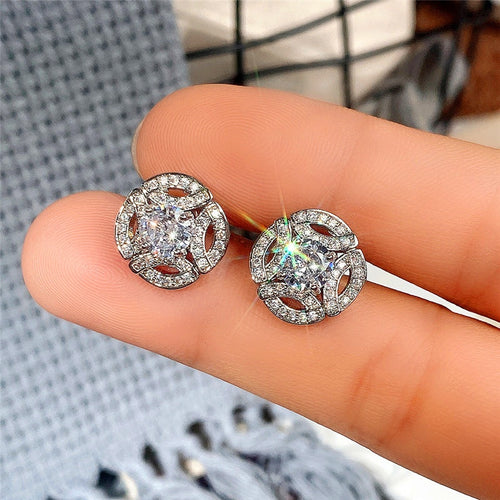 Korean Delicate Small Stud Earrings With Sparkling Hollow Zircon Geometric Full Pave Design
