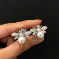 French Vintage Women's Bee Stud Earrings With Simulated Pearl, Cute Summer Insect Jewelry view 2