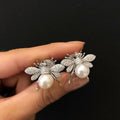 French Vintage Women's Bee Stud Earrings With Simulated Pearl, Cute Summer Insect Jewelry view 4