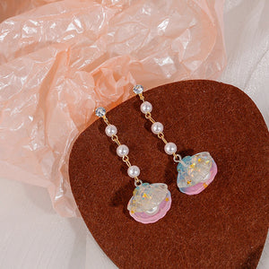 Elegant Long Chain Pearl Rhinestone Stud Drops With Iridescent Acrylic Shell Tassel Charm Earrings