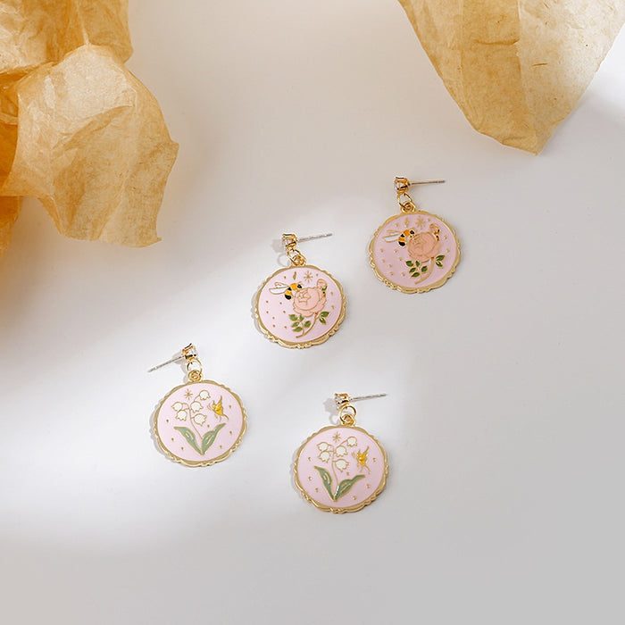 Elegant French Romantic Round Enamel Rose Lily Of The Valley Floral Alloy Stud Drop Earrings