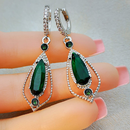 Luxury Court Style Emerald Green Zircon Diamond Hollow Teardrop Statement Earrings For Women