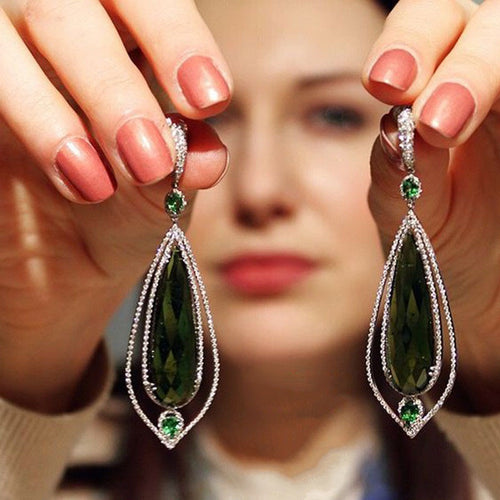 Luxury Court Style Emerald Green Zircon Diamond Hollow Teardrop Statement Earrings For Women