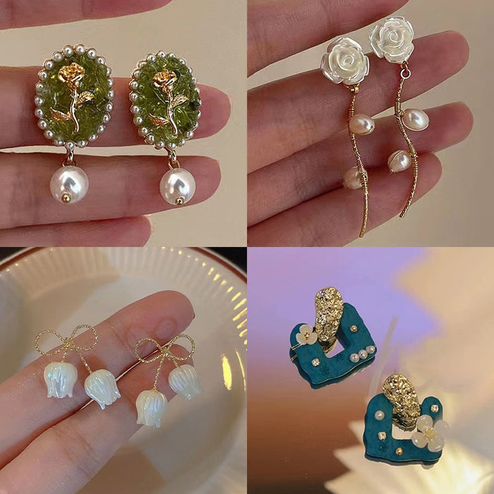 Silver Needle Rose Flower Pearl Drop Earrings For Women Korean Fresh OL Floral Jewelry