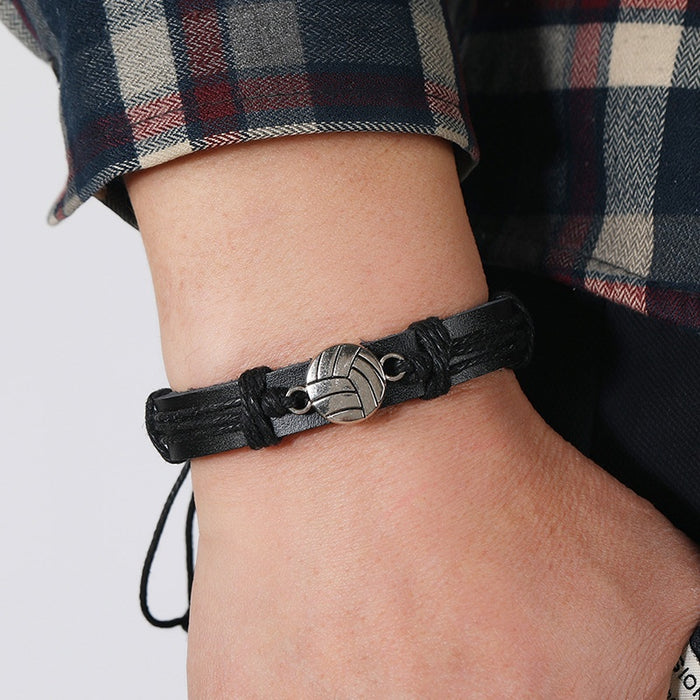 Simple Handmade Woven Black Leather Bracelet Alloy Basketball Fan Wristband European Fashion Accessory