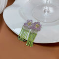Vintage Purple Flower Rhinestone Studs With Green Crystal Tassel Fringe Elegant Alloy Earrings view 2