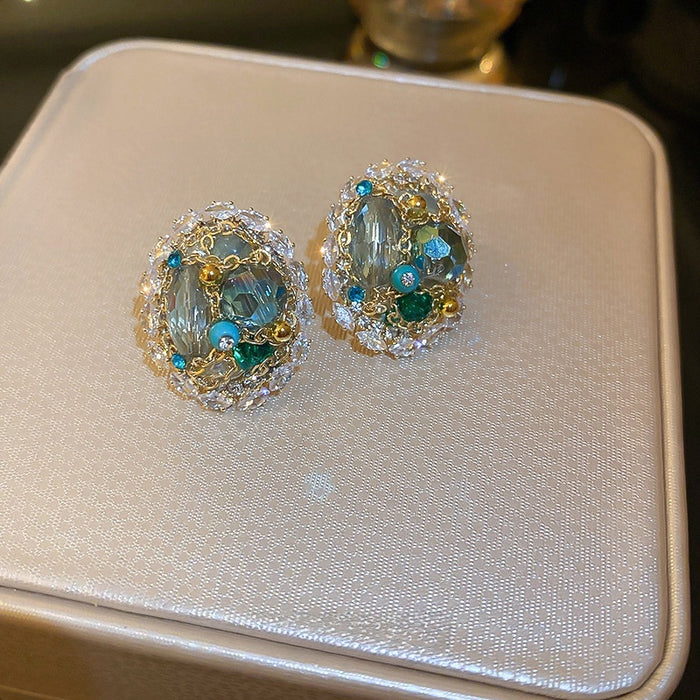 Copper Silver Needle Zircon Crystal Round Geometric Stud Earrings For Women, Light Luxury OL Style