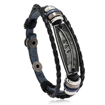 Fashion Men's Leather Bracelet With Beads European Vintage Feather Bangle Cross Border Accessory
