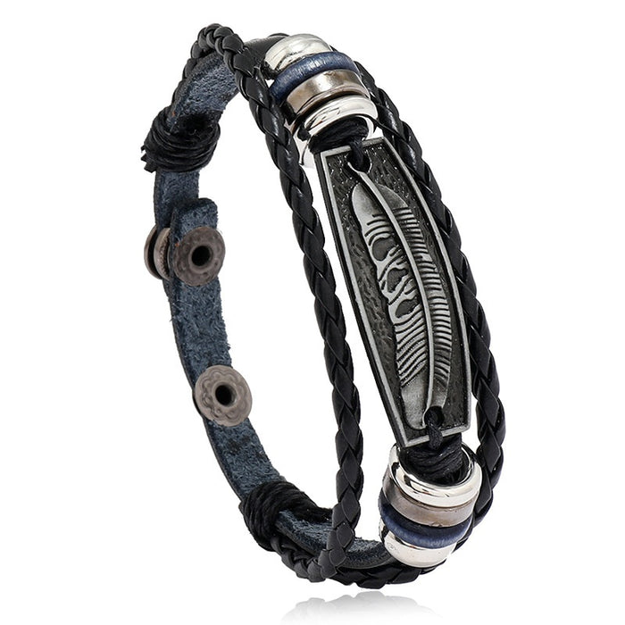 Fashion Men's Leather Bracelet With Beads European Vintage Feather Bangle Cross Border Accessory
