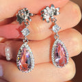 Long Pear Teardrop Flower Dangle Earrings With Simulated Yellow Diamond Topaz And Pink Zircon view 3