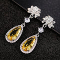 Long Pear Teardrop Flower Dangle Earrings With Simulated Yellow Diamond Topaz And Pink Zircon view 7