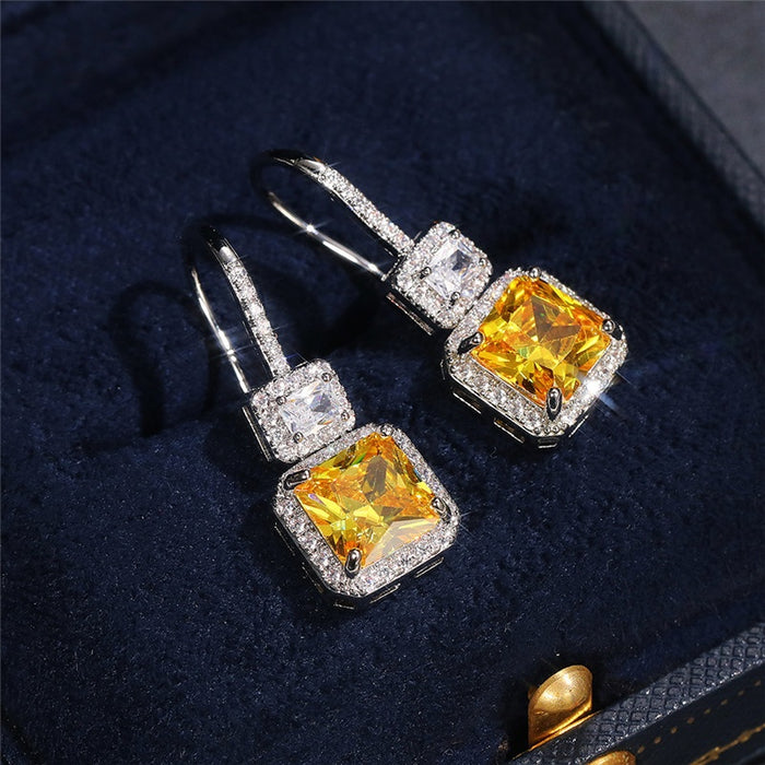 Luxury Vintage Yellow Zircon Drop Earrings For Brides, Simple European Ear Hook Jewelry