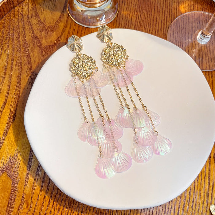 Elegant Long Geometric Shell Tassel Alloy Chain With Iridescent Acrylic Petal Drop Earrings