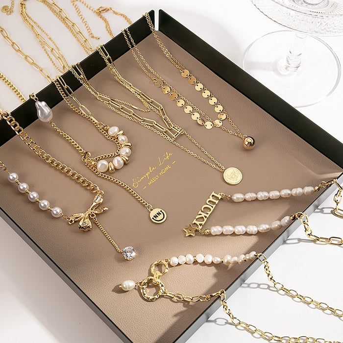 Light Luxury Pearl Spliced Multi Layer Bow Letter Collarbone Chain Sweet Cool Choker Necklace
