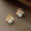 Korean Minimalist Bee Stud Earrings With Faux Pearl Small Designer Spring Earrings For Women view 2