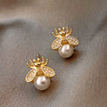 Korean Minimalist Bee Stud Earrings With Faux Pearl Small Designer Spring Earrings For Women view 1