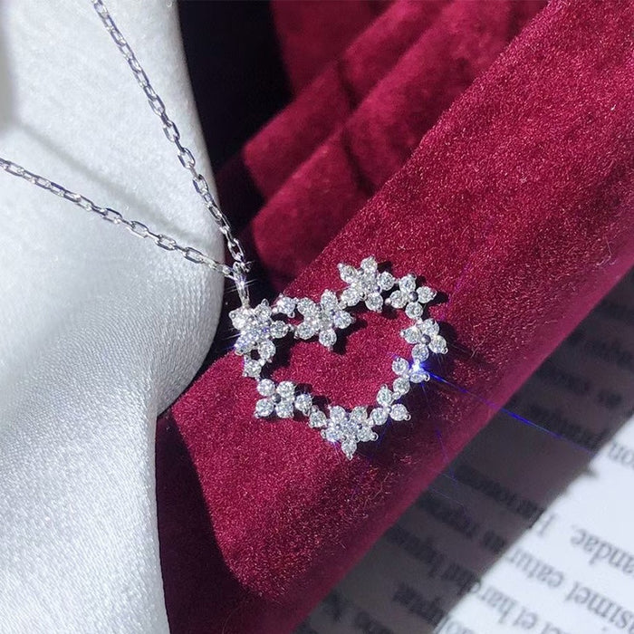 Heart Flower Zircon Pendant Necklace For Women Bridal Wedding Jewelry