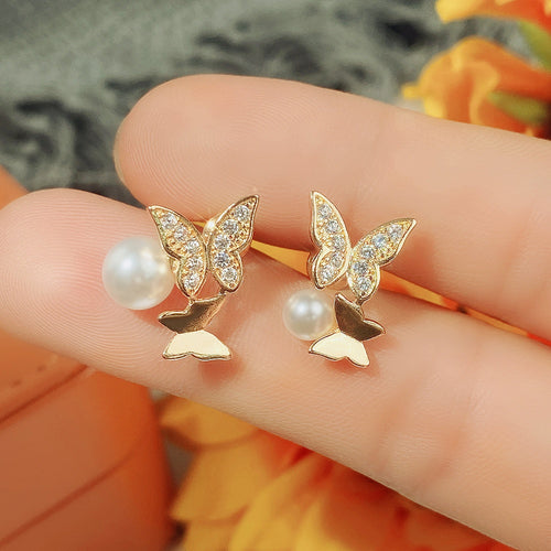 Korean Asymmetric Bow Stud Earrings With Faux Pearl Fashion Temperament Earrings For Women