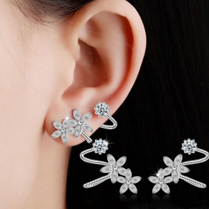 Exotic Flower Zircon Double Piercing Stud Earrings Integrated Connected Ear Clip For Women