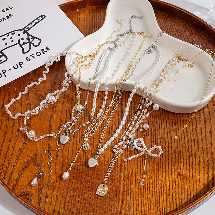 Luxury Trend Handmade Beaded Pearl Chain Heart Bow Dog Tag Choker Necklace For Women