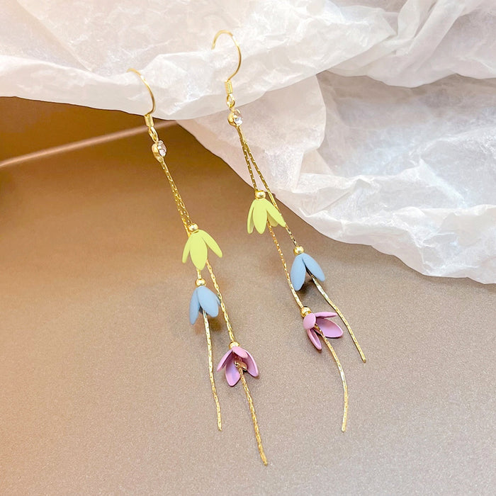 Elegant Morandi Color Enamel Flower Tassel Long Dangle Alloy Hook Earrings