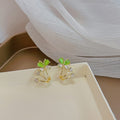 Green Cat Eye Stone Flower Silver Needle Earrings Anti Loss Ginkgo Bamboo Four Petal Ear Cuff view 3