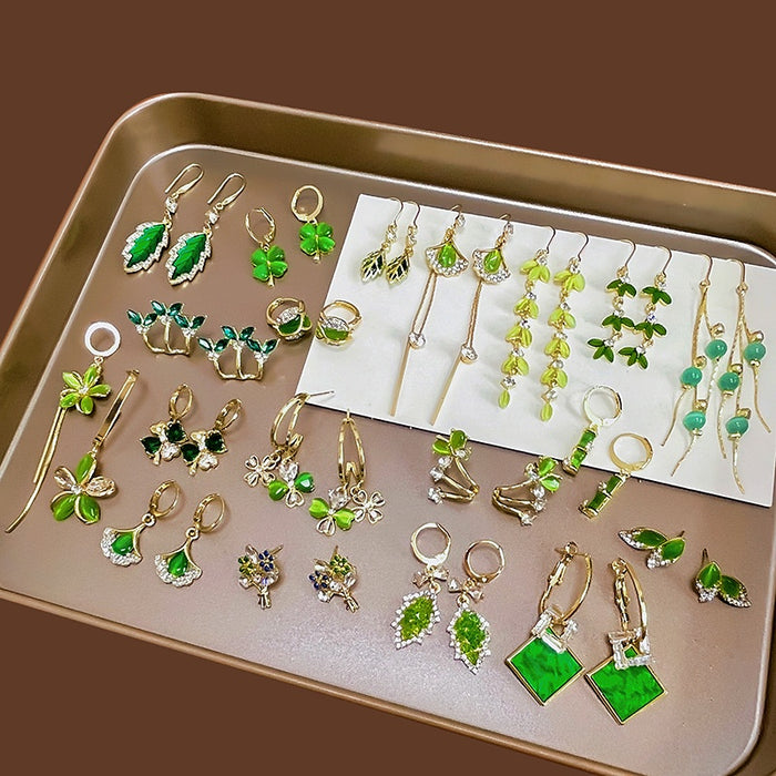 Green Cat Eye Stone Flower Silver Needle Earrings Anti Loss Ginkgo Bamboo Four Petal Ear Cuff