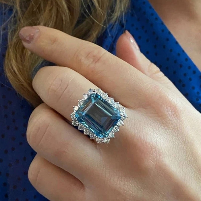 Luxury Simulated Topaz Blue Sapphire Ring With Full Zircon, Princess Square Statement Jewelry