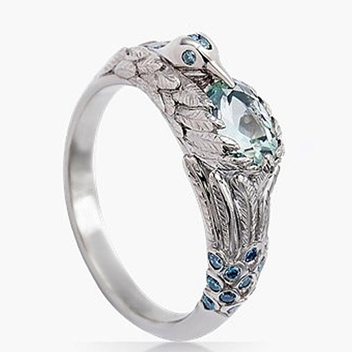 Creative Hummingbird Ring With Micro Paved Aquamarine Zircon For Women Birthday Gift Accessory