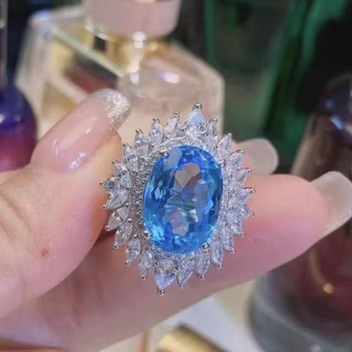 Imitation Natural Swiss Topaz Blue Ring With Full Zircon Rhinestones Luxury Women Ring