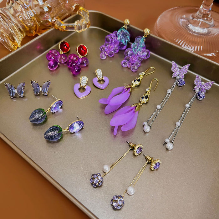 Silver Needle Vintage Purple Glass Flower Butterfly Crystal Stud Tassel Earrings Set