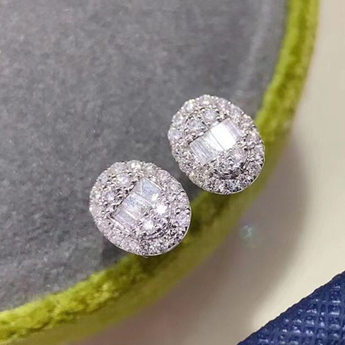 Luxury Oval Stud Earrings With Full Pave Zircon Cluster, Korean Fashion Sleep Friendly Jewelry