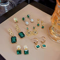 Sterling Silver Pin Geometric Vintage Emerald Waterdrop Pearl Chain Hollow Stud Earrings For Women view 1