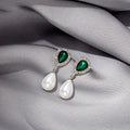 Sterling Silver Pin Geometric Vintage Emerald Waterdrop Pearl Chain Hollow Stud Earrings For Women view 3