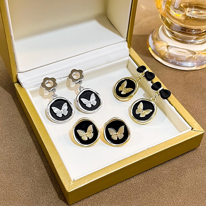 Elegant Vintage Round Circle Butterfly Stud Drop Alloy Enamel Frosted Metal Niche Fashion Earrings
