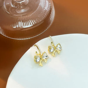 Elegant Gold Alloy Bowknot Rhinestone Pearl Hoop Studs Sweet Light Luxury Small Women's Fashion Earrings