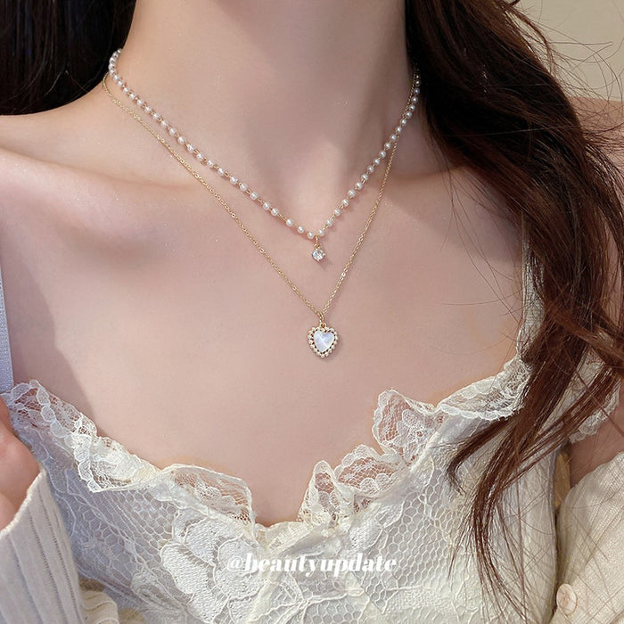 French Elegant Copper Zircon Pearl Heart Double Layer Collarbone Necklace For Women