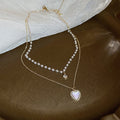 French Elegant Copper Zircon Pearl Heart Double Layer Collarbone Necklace For Women view 4