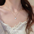 French Elegant Copper Zircon Pearl Heart Double Layer Collarbone Necklace For Women view 3