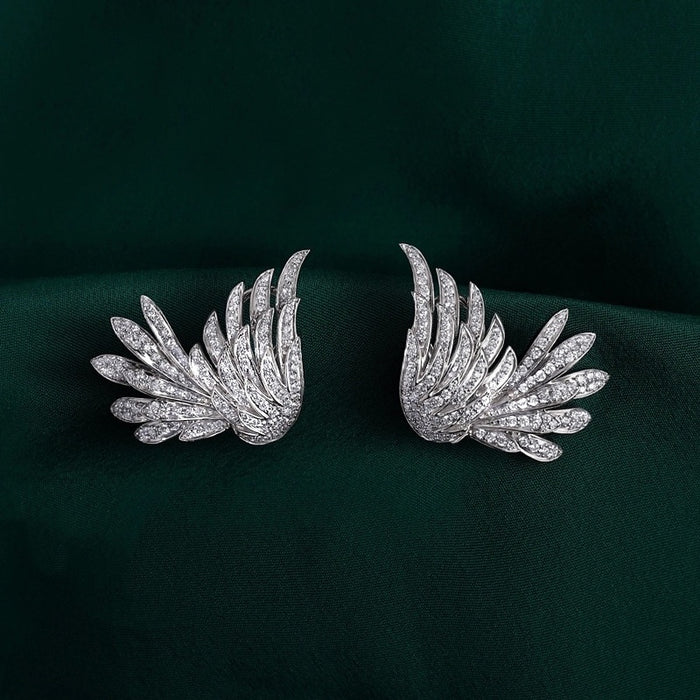 Vintage 3D Angel Wing Stud Earrings, Feather Cubic Zirconia Piercing Earrings For Women