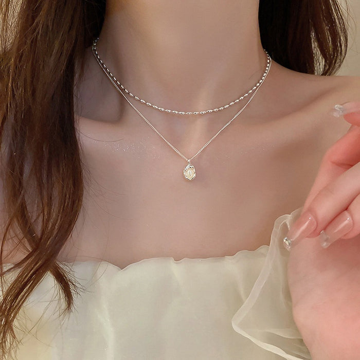 French Minimalist Irregular Pearl Double Layer Copper Clavicle Necklace For Women